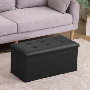 Youdesure Folding Storage Ottoman Bench, Faux Leather Footrest Couch for Living Room, 30 inch Storage Bench with Padded Seat for Bedroom Hallway, Holds up to 350lbs, Black