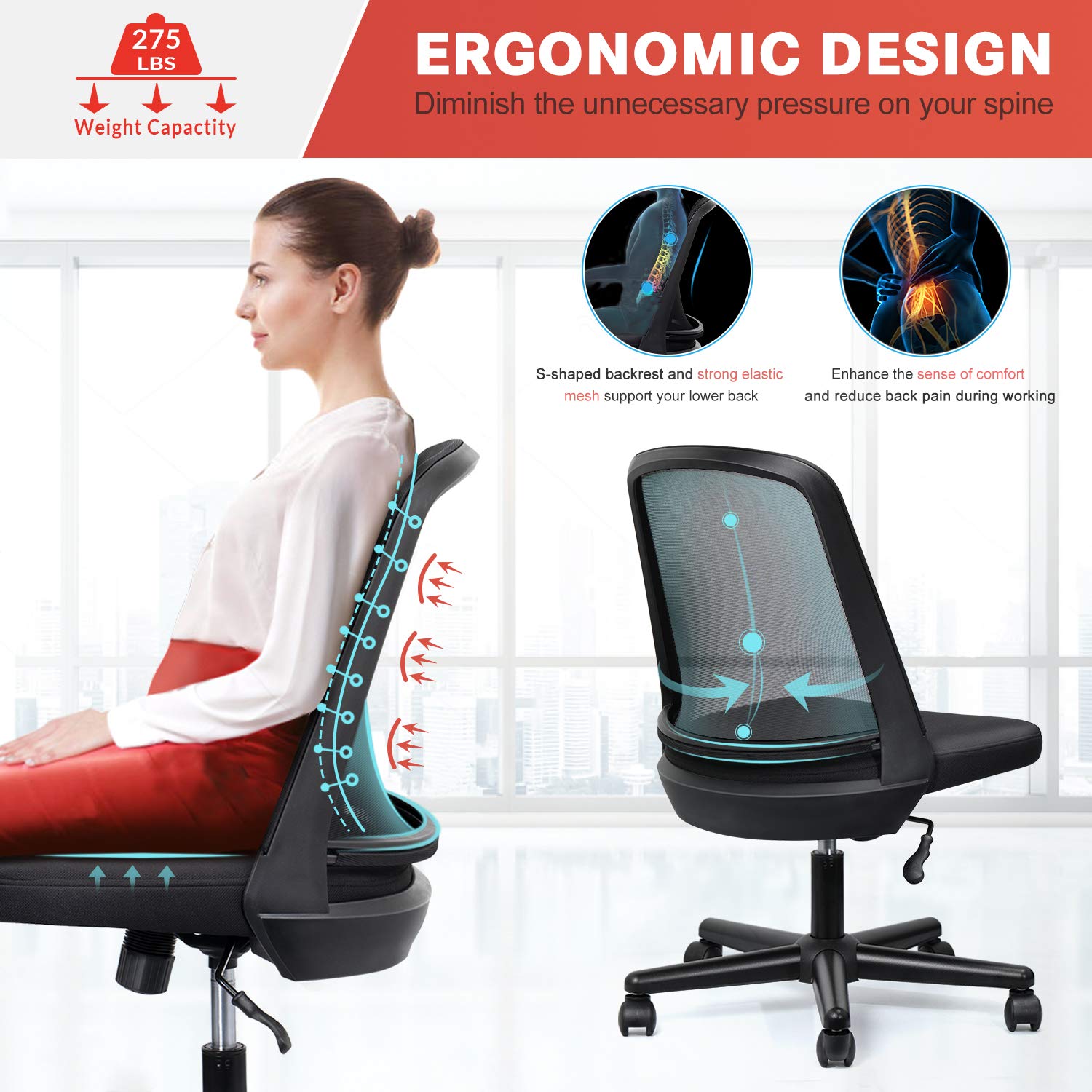 Funria Mid Back Mesh Office Chair Adjustable Ergonomic Swivel Executive All Mesh Task Chair with Flip Up Armrests Lumbar Support Computer Desk Chair