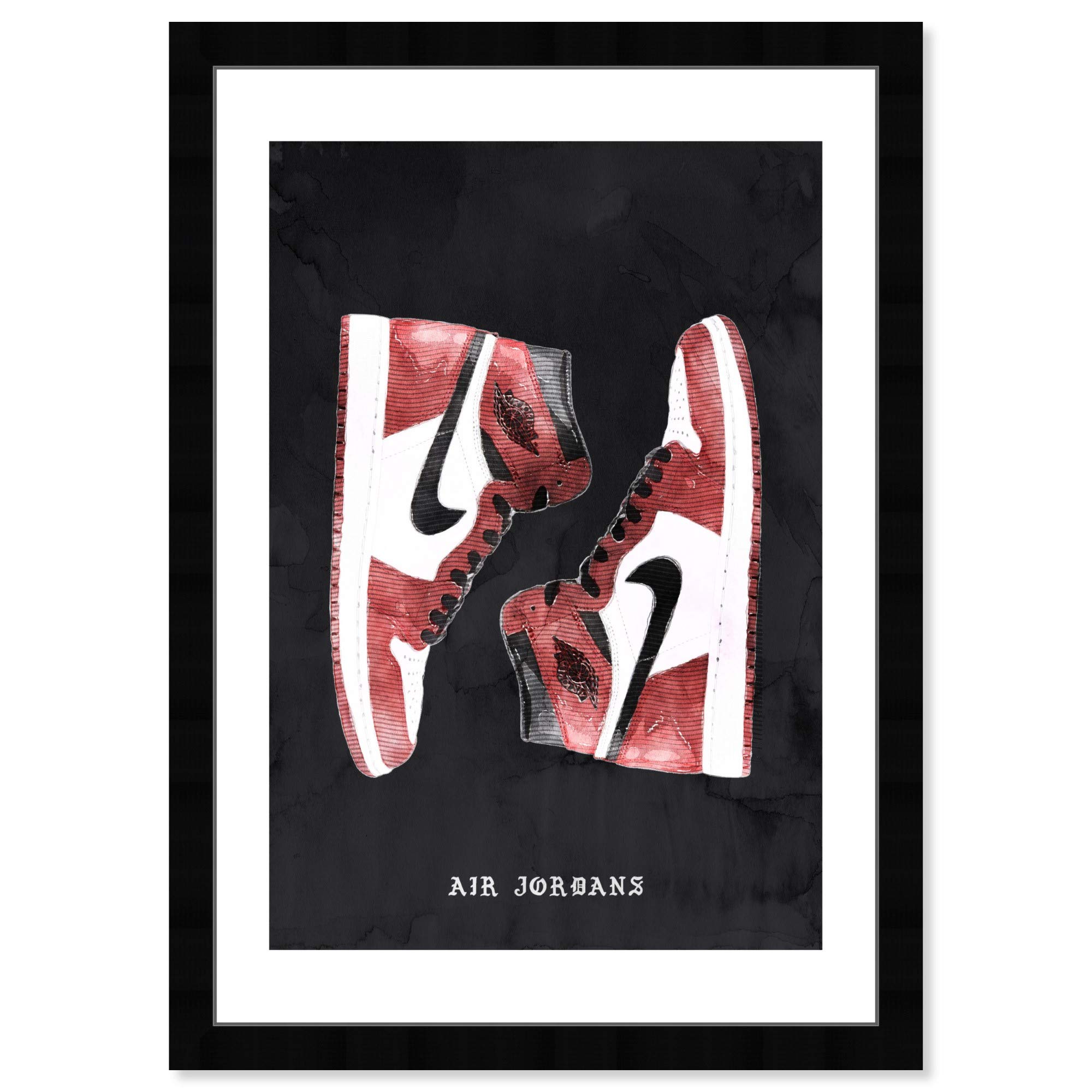 Wynwood Studio Red Basketball Sneakers Wall Art Street Style Home Décor Framed Poster Print Painting 'Classic Sneakers' in Black, Red Air Swoosh Jordans