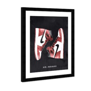 Wynwood Studio Red Basketball Sneakers Wall Art Street Style Home Décor Framed Poster Print Painting 'Classic Sneakers' in Black, Red Air Swoosh Jordans