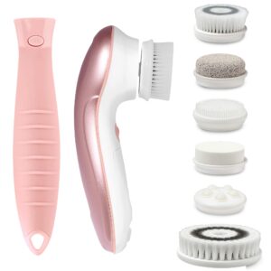 fancii 7 in 1 waterproof electric facial & body cleansing brush exfoliating kit with handle and 6 brush heads - best advanced spin brush microdermabrasion scrub system for face (blush)