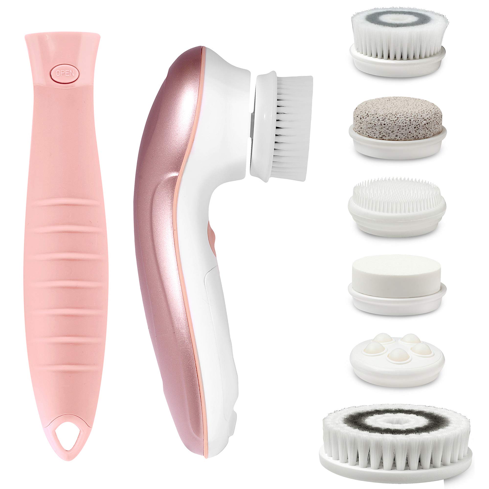 Fancii 7 in 1 Waterproof Electric Facial & Body Cleansing Brush Exfoliating Kit with Handle and 6 Brush Heads - Best Advanced Spin Brush Microdermabrasion Scrub System for Face (Blush)