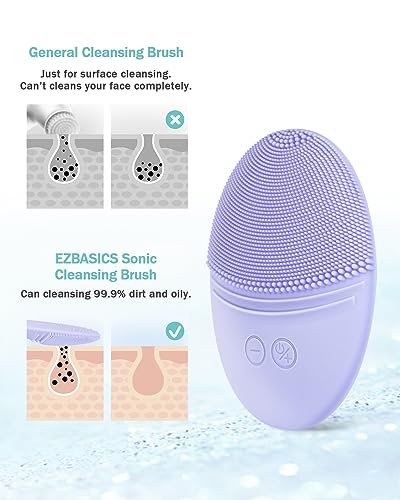 EZBASICS Facial Cleansing Brush Made with Ultra Hygienic Soft Silicone, Waterproof Sonic Vibrating Face Brush for Deep Cleansing, Gentle Exfoliating and Massaging, Inductive Charging (Violet)