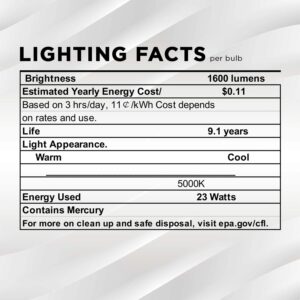 SLEEKLIGHTING E26 Standard Screw Base 23Watt CFL Light Bulb - 3 Pack 5000 Kelvin for Pure White Daylight and 1600 Lumens (100 Watt Light Bulb Equivalent) - UL Listed