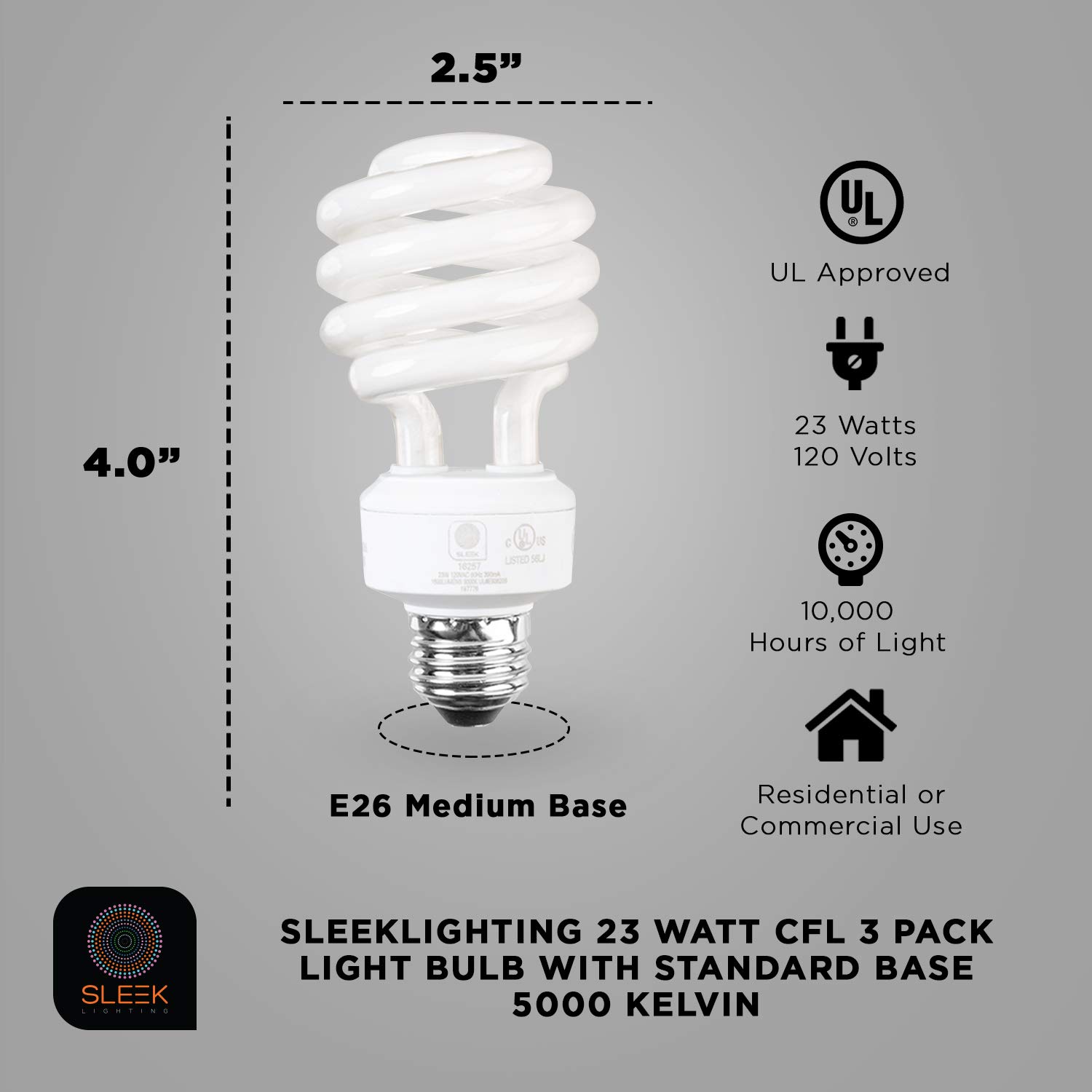 SLEEKLIGHTING E26 Standard Screw Base 23Watt CFL Light Bulb - 3 Pack 5000 Kelvin for Pure White Daylight and 1600 Lumens (100 Watt Light Bulb Equivalent) - UL Listed