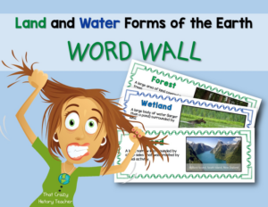 land and water forms word wall - vocabulary - bulletin board