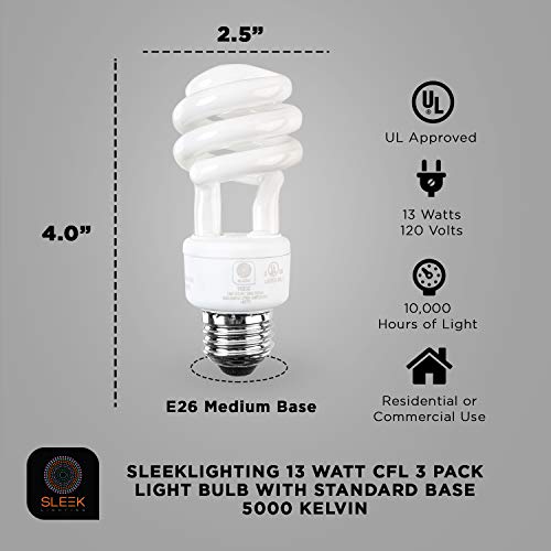 SLEEKLIGHTING E26 Standard Screw Base 13Watt CFL Light Bulb - 3 Pack, 5000 Kelvin for Pure White Daylight and 800 Lumens (65 Watt Incandescent Light Bulb Equivalent) - UL Listed