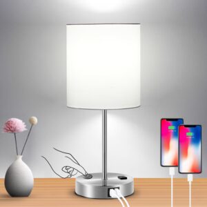 touch control table lamp, 3-way dimmable lamp with 2 fast charging usb ports & power outlet, bedside lamp, nightstand lamp, usb lamp for bedroom, living room, office, daylight white bulb included