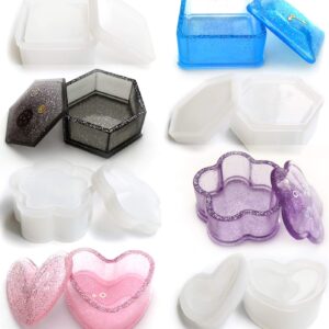 Box Resin Molds Silicone, 4 Pcs Jewelry Epoxy Mold Sets with Heart Shape, Hexagon, Square and Flower for Storing Earrings, Rings, Coins, Keys or Making Flower Pot, Ashtray, Pen & Candle Holder