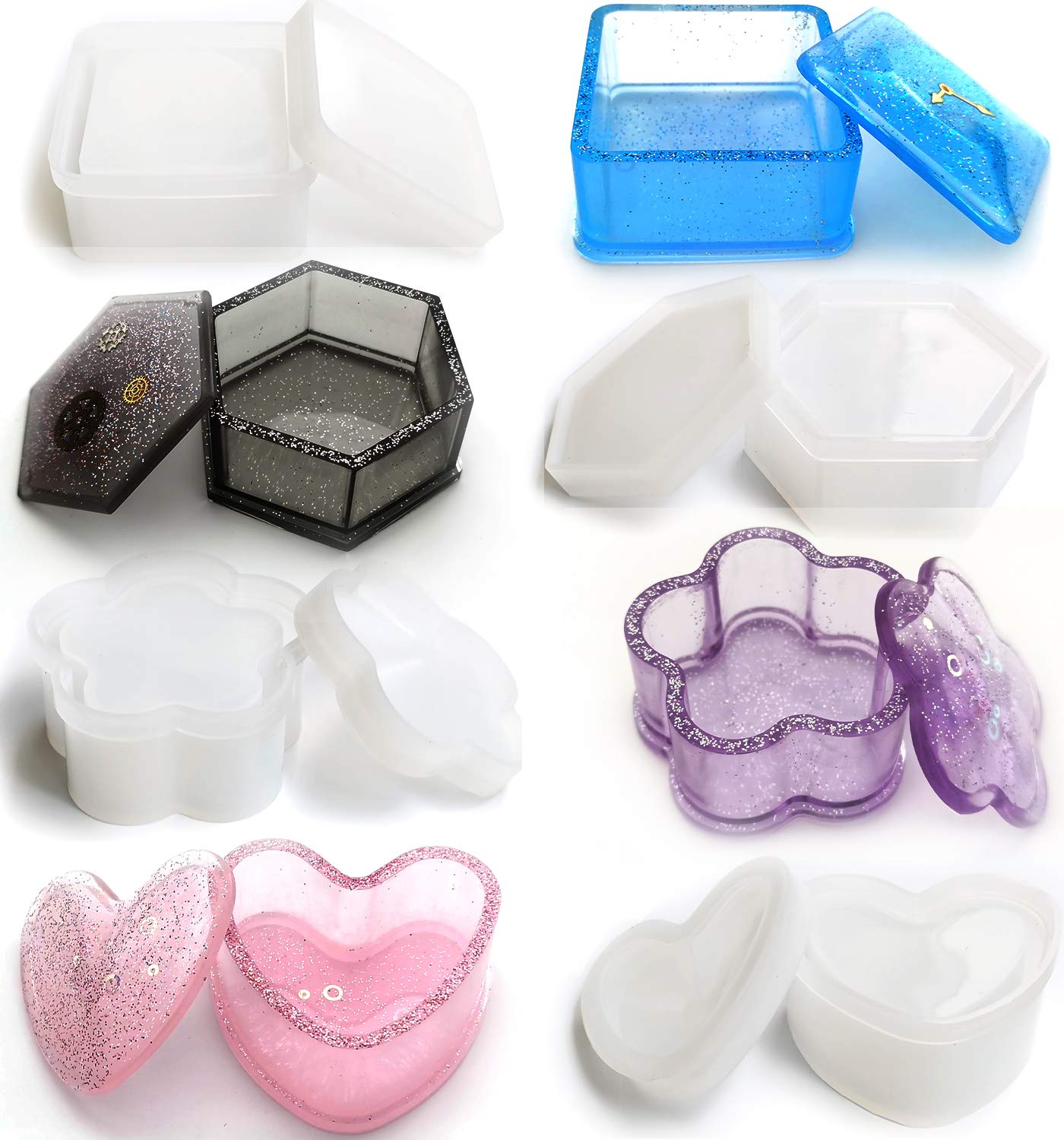 Box Resin Molds Silicone, 4 Pcs Jewelry Epoxy Mold Sets with Heart Shape, Hexagon, Square and Flower for Storing Earrings, Rings, Coins, Keys or Making Flower Pot, Ashtray, Pen & Candle Holder