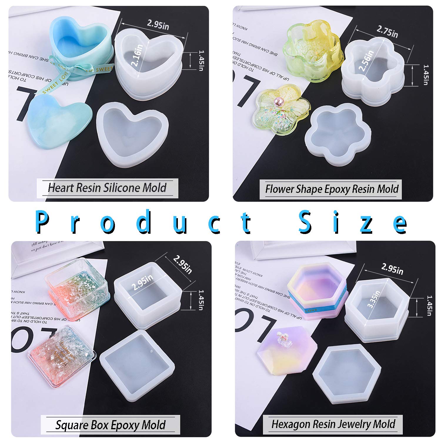 Box Resin Molds Silicone, 4 Pcs Jewelry Epoxy Mold Sets with Heart Shape, Hexagon, Square and Flower for Storing Earrings, Rings, Coins, Keys or Making Flower Pot, Ashtray, Pen & Candle Holder