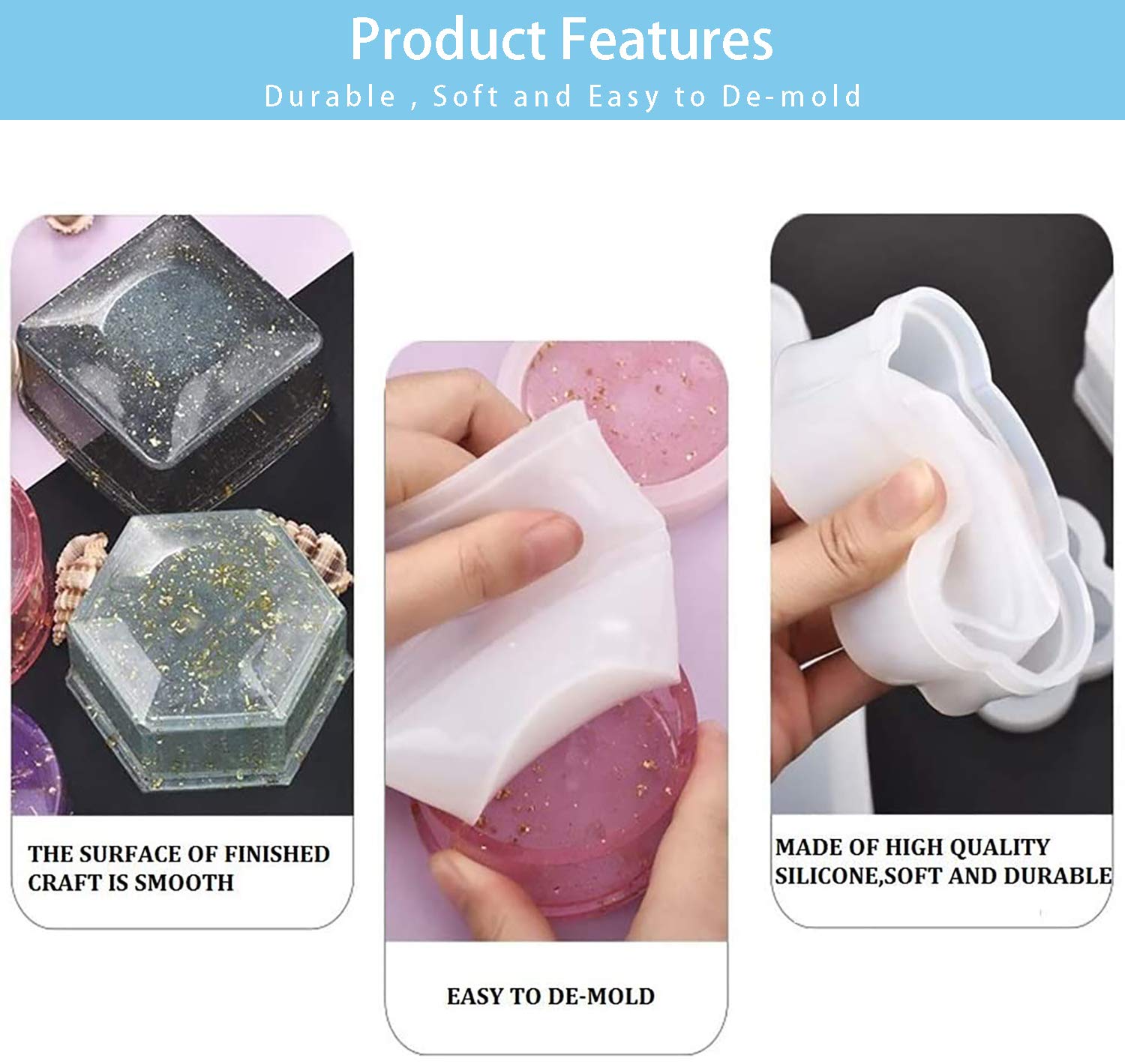 Box Resin Molds Silicone, 4 Pcs Jewelry Epoxy Mold Sets with Heart Shape, Hexagon, Square and Flower for Storing Earrings, Rings, Coins, Keys or Making Flower Pot, Ashtray, Pen & Candle Holder