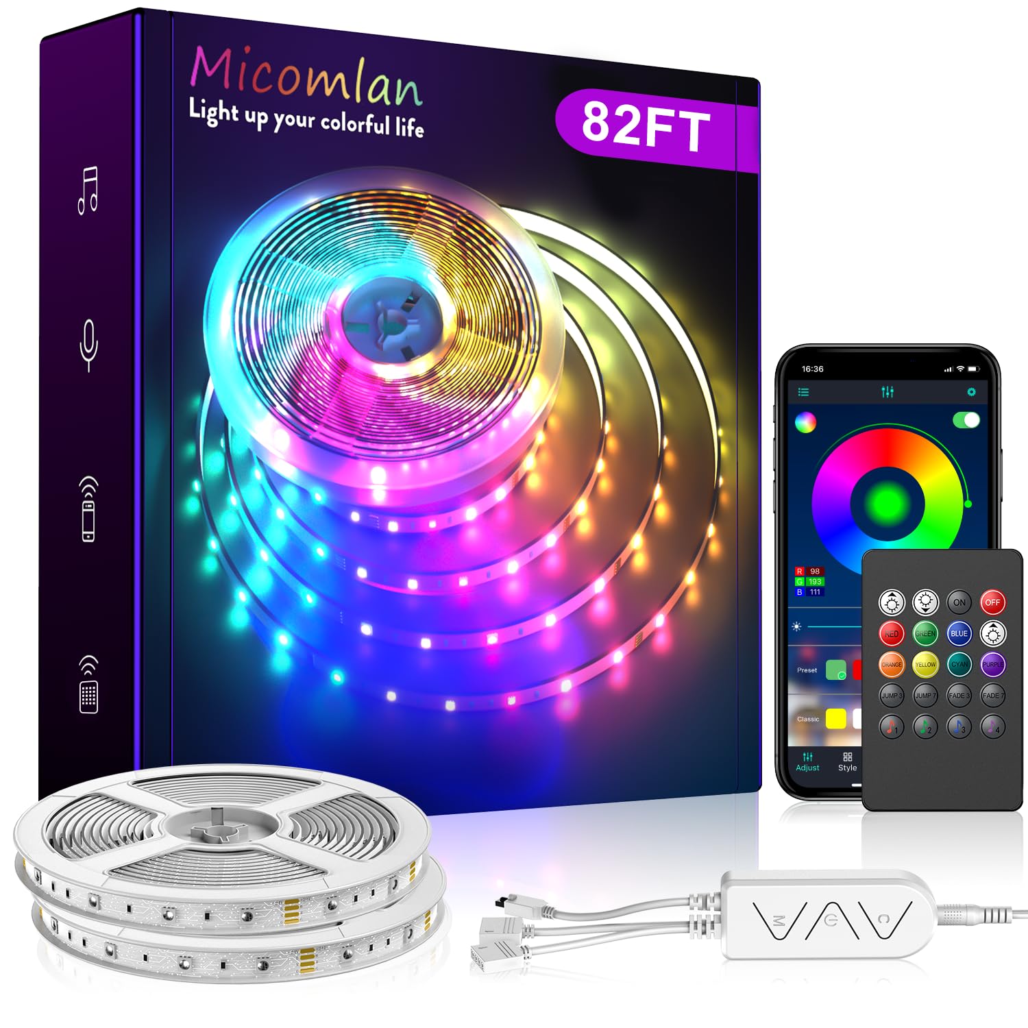 Micomlan 82Ft/25m LED Strip Lights Music Sync Color Changing RGB LED Strip Built-in Mic, Bluetooth APP Controlled LED Lights Rope Lights, 3535 RGB LED Light Strip(APP+Remote+Mic+Music)