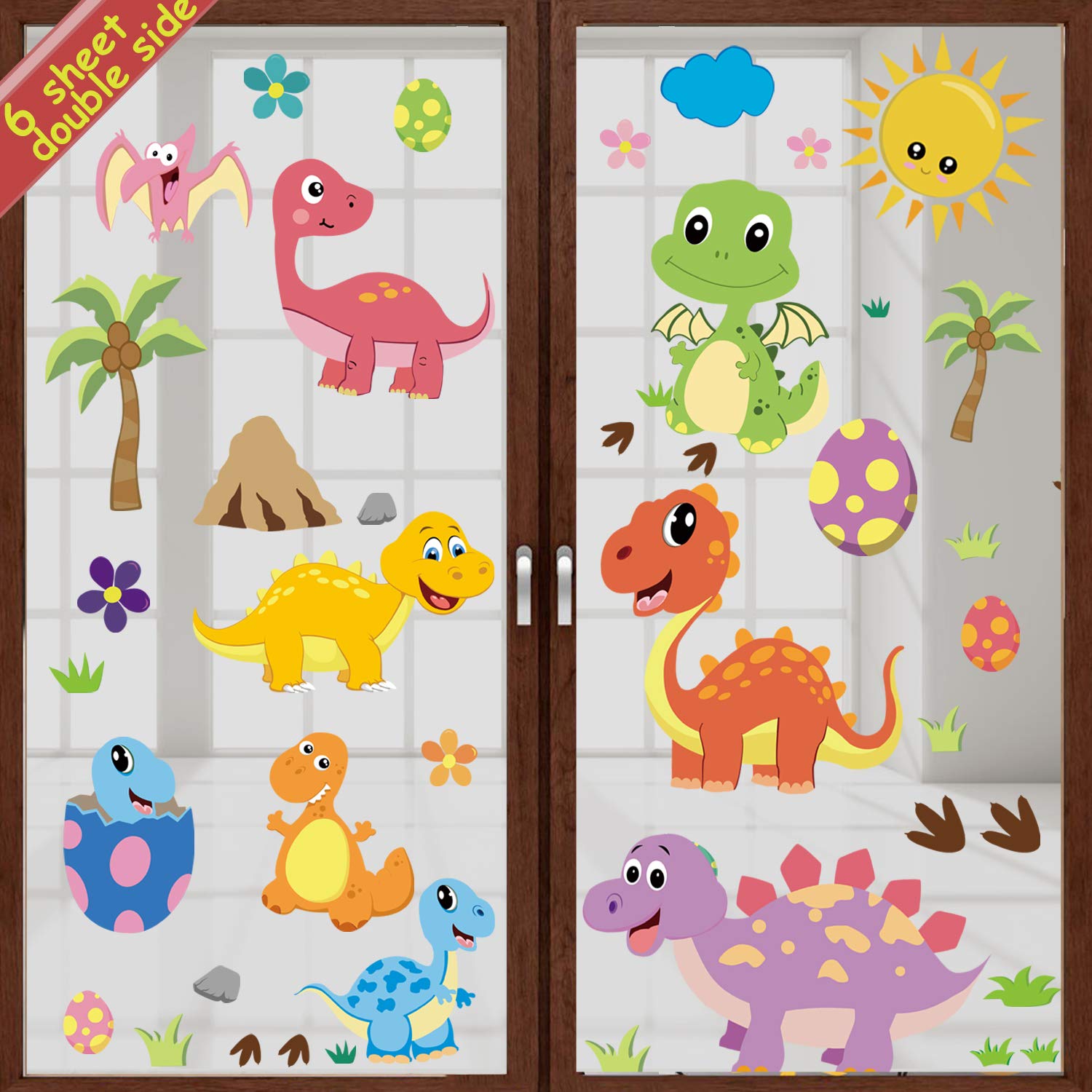 DIYASY 90 Pcs Dinosaur Window Decals for Kids Room Window Decoration,Dino Removable Window Clings Stickers for Boy and Nursery Room Decor.