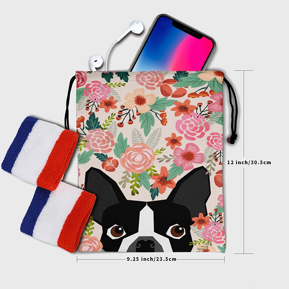 Gymnastics Grip Bag Floral Boston Terrier Drawstring Bag Sports Equipment Bag