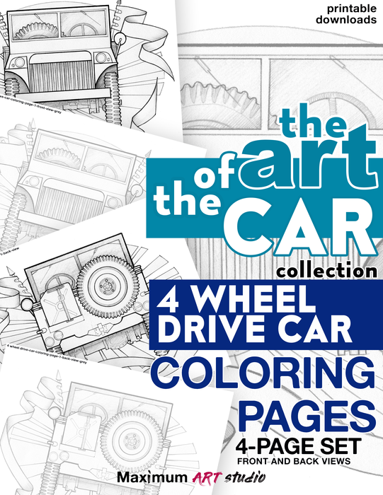 The art of the car. 4 wheel drive car. Coloring pages. 4-page set. Front and back views