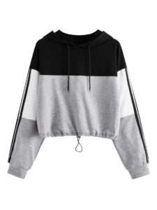 sweatyrocks women's casual long sleeve colorblock pullover hoodie sweatshirt crop top black grey x-small