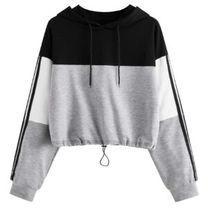 SweatyRocks Women's Casual Long Sleeve Colorblock Pullover Hoodie Sweatshirt Crop Top Black Grey X-Small