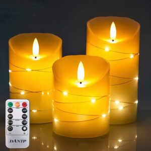 danip white led flameless candle with embedded star light string, three piece led candle, with 11 key remote control, 24-hour timer function, dancing flame, (ivory white)