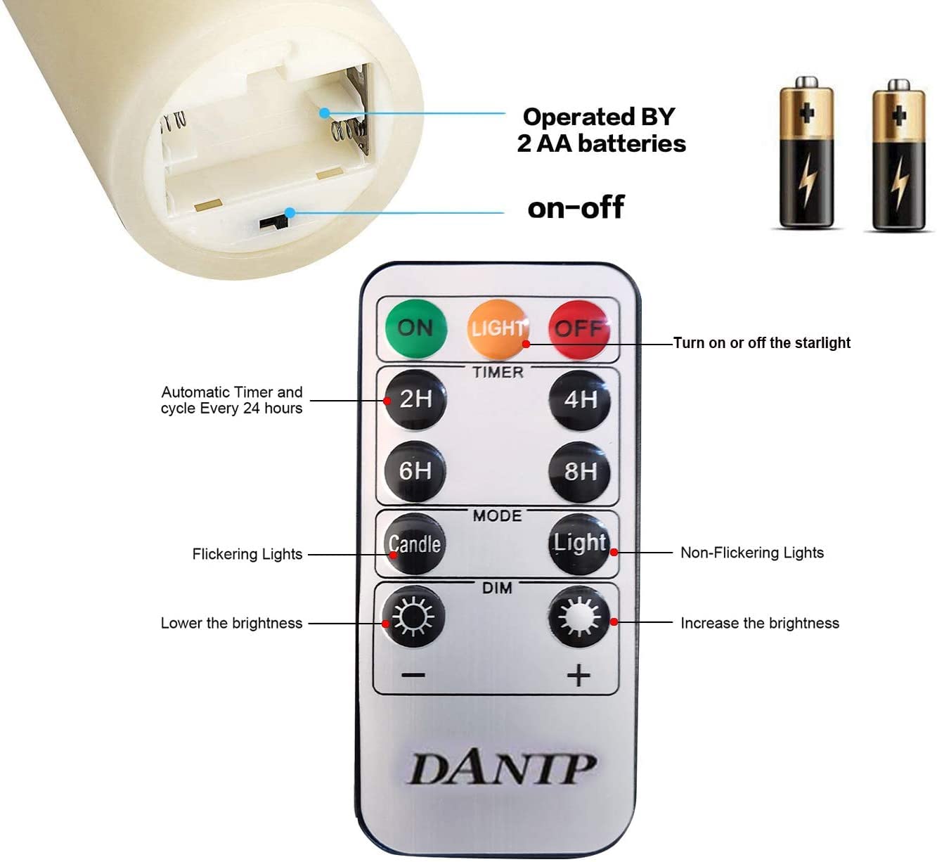 DANIP White LED flameless Candle with Embedded Star Light String, Three Piece LED Candle, with 11 Key Remote Control, 24-Hour Timer Function, Dancing Flame, (Ivory White)