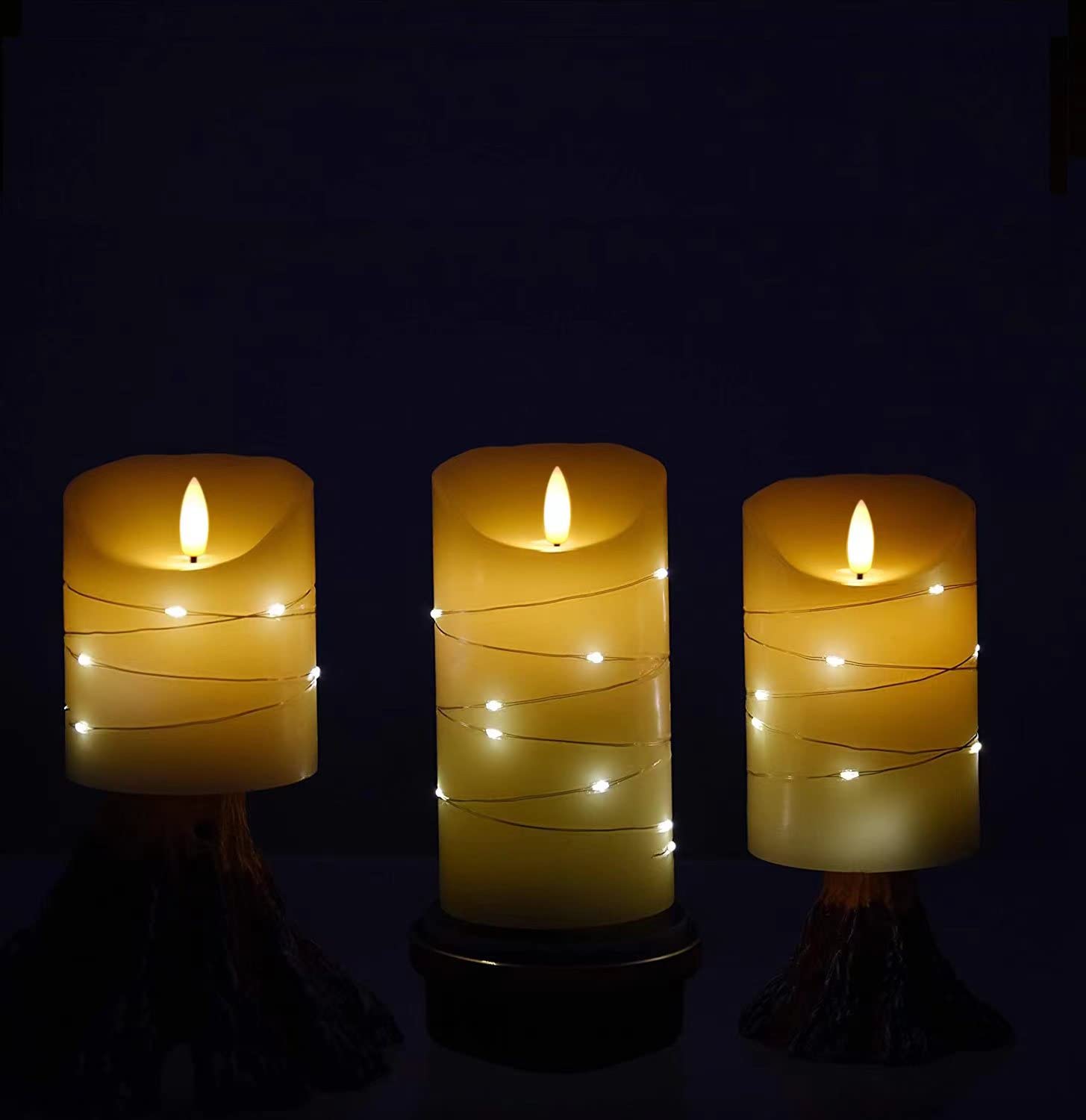 DANIP White LED flameless Candle with Embedded Star Light String, Three Piece LED Candle, with 11 Key Remote Control, 24-Hour Timer Function, Dancing Flame, (Ivory White)