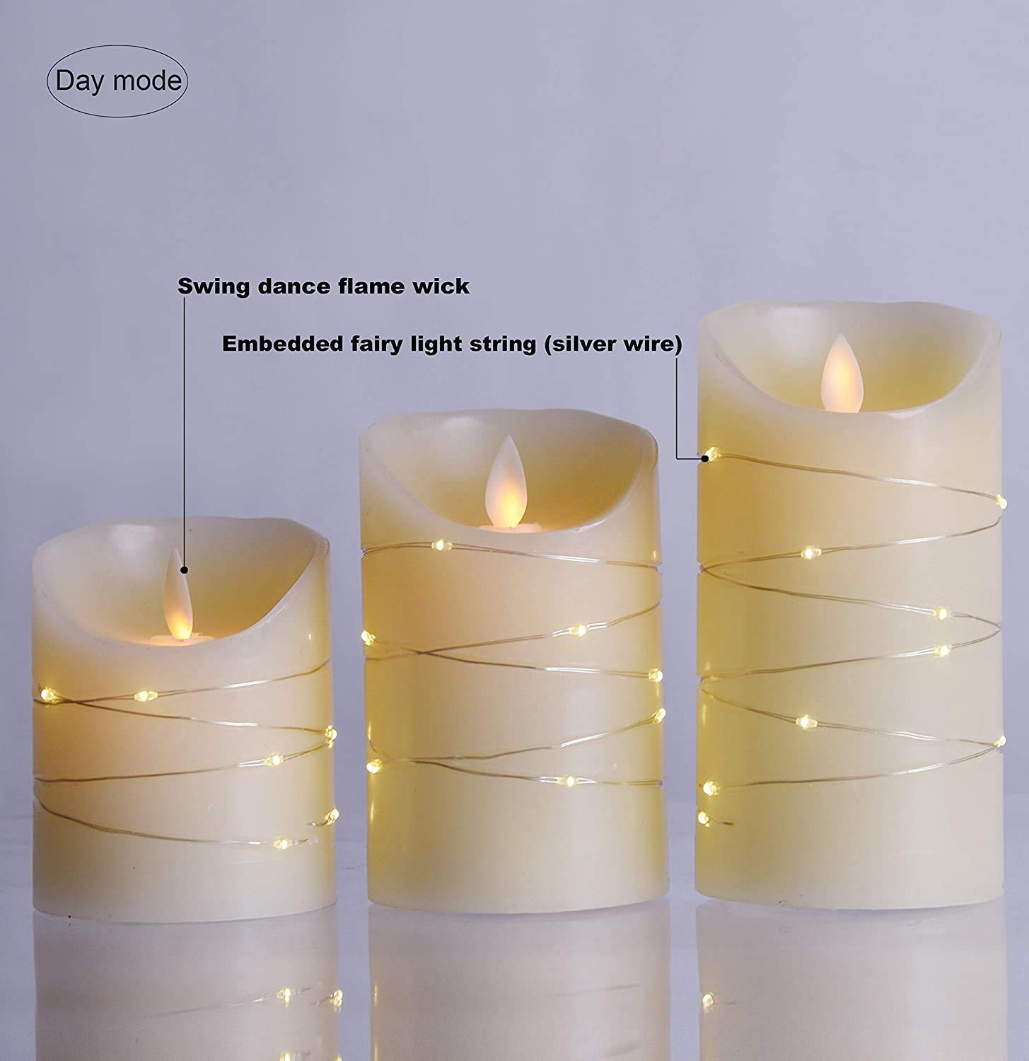 DANIP White LED flameless Candle with Embedded Star Light String, Three Piece LED Candle, with 11 Key Remote Control, 24-Hour Timer Function, Dancing Flame, (Ivory White)