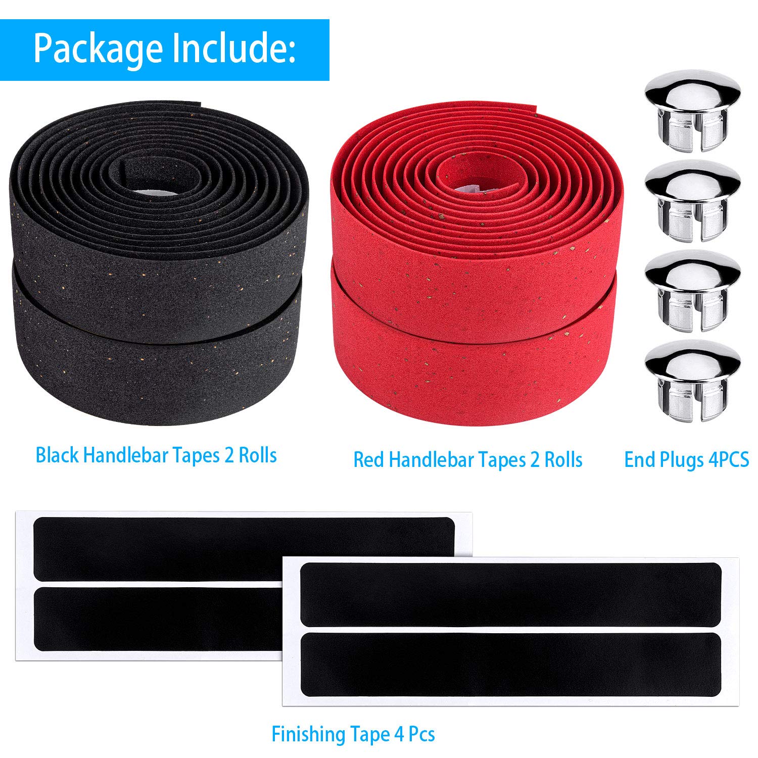 Awpeye Bicycle Handlebar Tape Cork Bar Tape with End Plugs for Road Bike and Cycling - 4 Rolls (Black, Red)