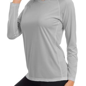 KINGFEN Women UPF 50+ Sun Protection Hiking Clothing Cozy Pastel Pullover Loose Long Sleeve Swim Athletic Shirt Women UV Protection Outdoor Activities Shirt Workout Clothes Light Grey Medium