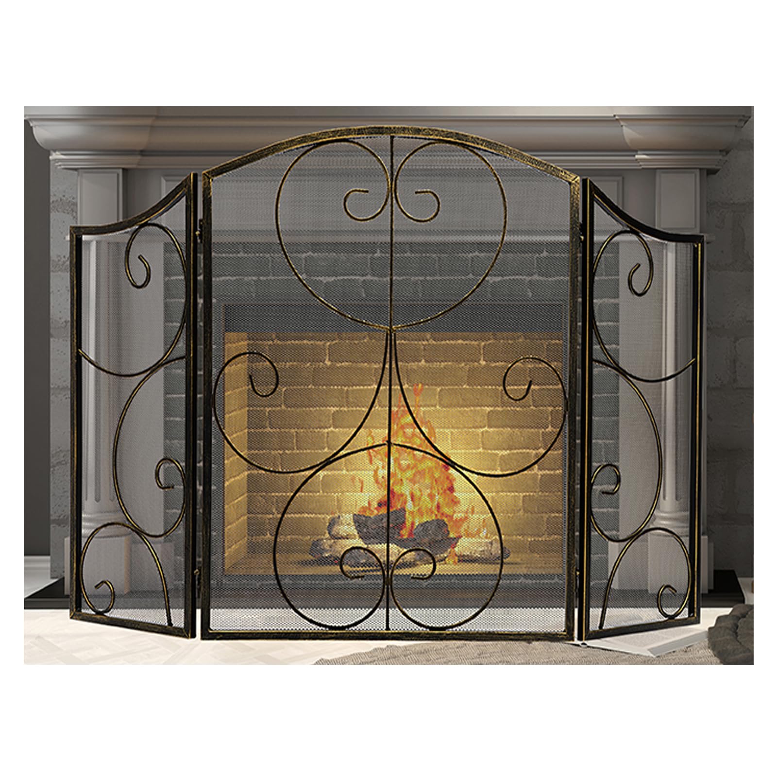 DOEWORKS 3 Panel Heavy Duty Fireplace Screen Safety Fire Place Fence Spark Guard Cover Bronze