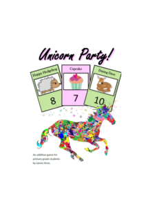 unicorn party game! - primary grades math addition sum printable pdf game