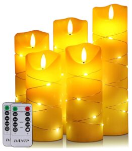 danip flameless candle, with embedded string lights, 5-piece led candles, with 10-key remote control, 24-hour timer function, dancing flame, real wax, battery-powered. (ivory white)