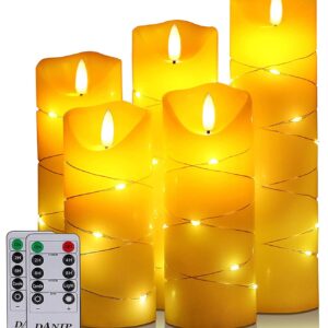 DANIP flameless Candle, with Embedded String Lights, 5-Piece LED Candles, with 10-Key Remote Control, 24-Hour Timer Function, Dancing Flame, Real Wax, Battery-Powered. (Ivory White)