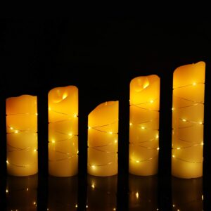 DANIP flameless Candle, with Embedded String Lights, 5-Piece LED Candles, with 10-Key Remote Control, 24-Hour Timer Function, Dancing Flame, Real Wax, Battery-Powered. (Ivory White)