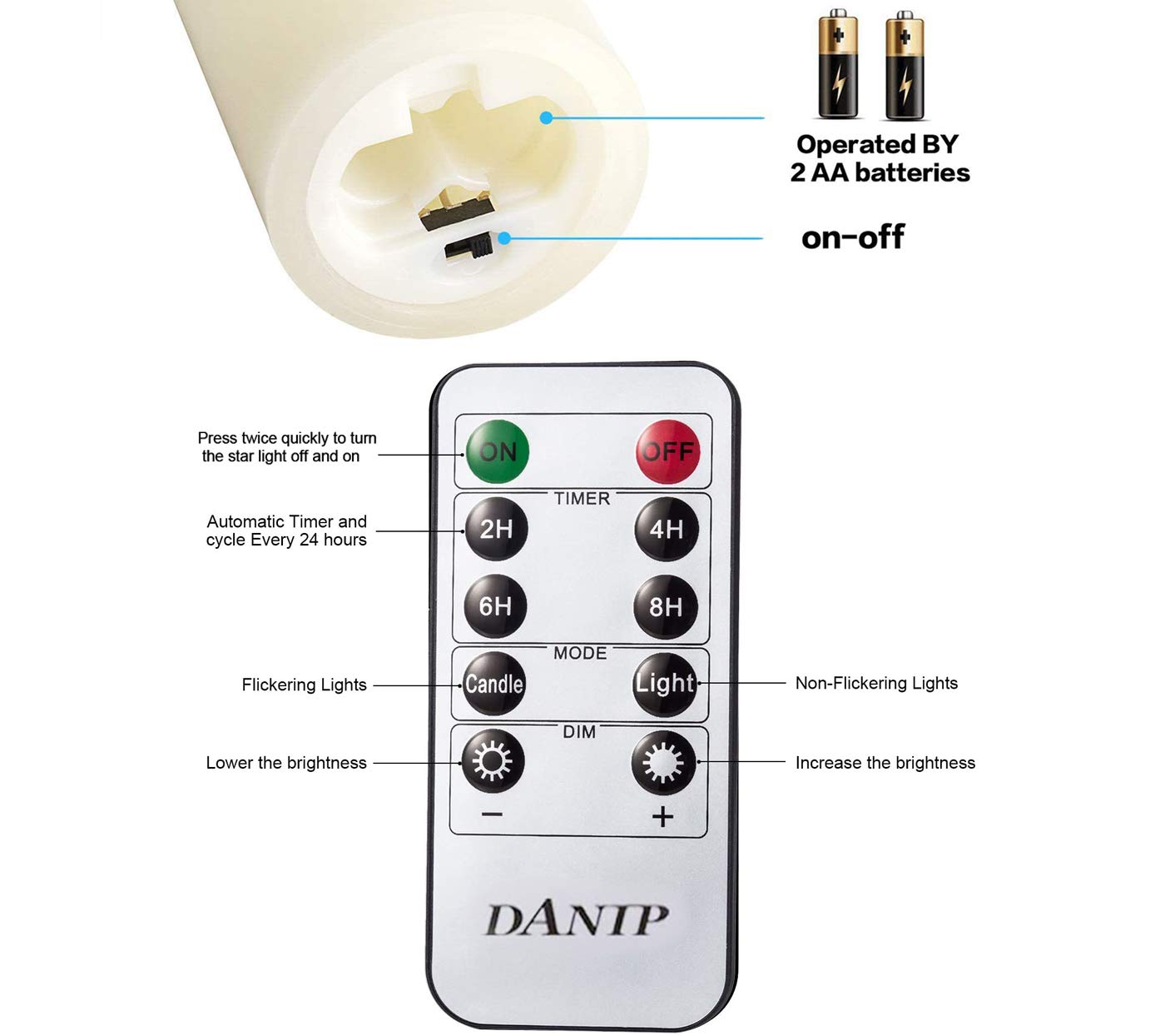 DANIP flameless Candle, with Embedded String Lights, 5-Piece LED Candles, with 10-Key Remote Control, 24-Hour Timer Function, Dancing Flame, Real Wax, Battery-Powered. (Ivory White)