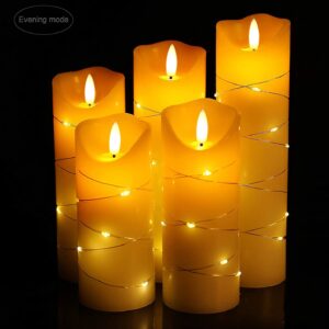 DANIP flameless Candle, with Embedded String Lights, 5-Piece LED Candles, with 10-Key Remote Control, 24-Hour Timer Function, Dancing Flame, Real Wax, Battery-Powered. (Ivory White)