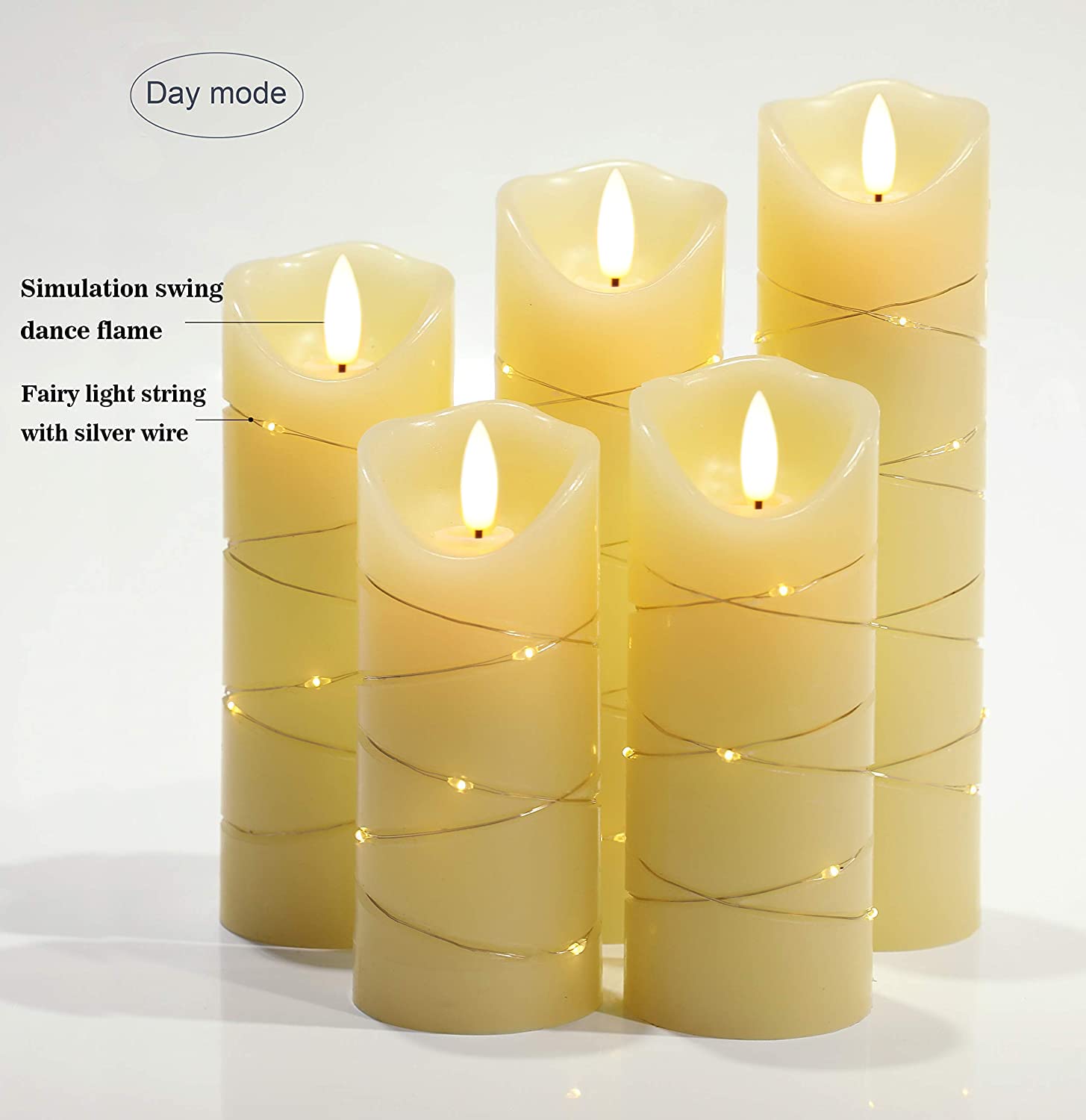 DANIP flameless Candle, with Embedded String Lights, 5-Piece LED Candles, with 10-Key Remote Control, 24-Hour Timer Function, Dancing Flame, Real Wax, Battery-Powered. (Ivory White)