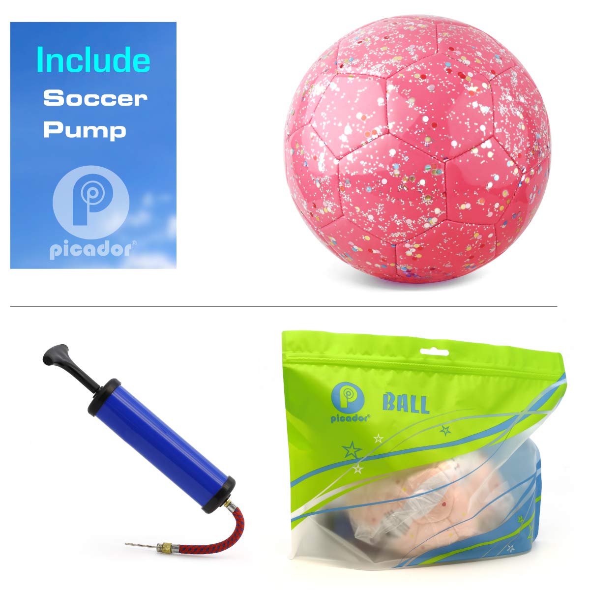 PP PICADOR Soccer Ball Kids Size 3, Glitter Shiny Sequins Toddler Soccer Balls with Pump for Girls Boys Ages 4-6-8 6-12 Child Baby Gift(Pink)