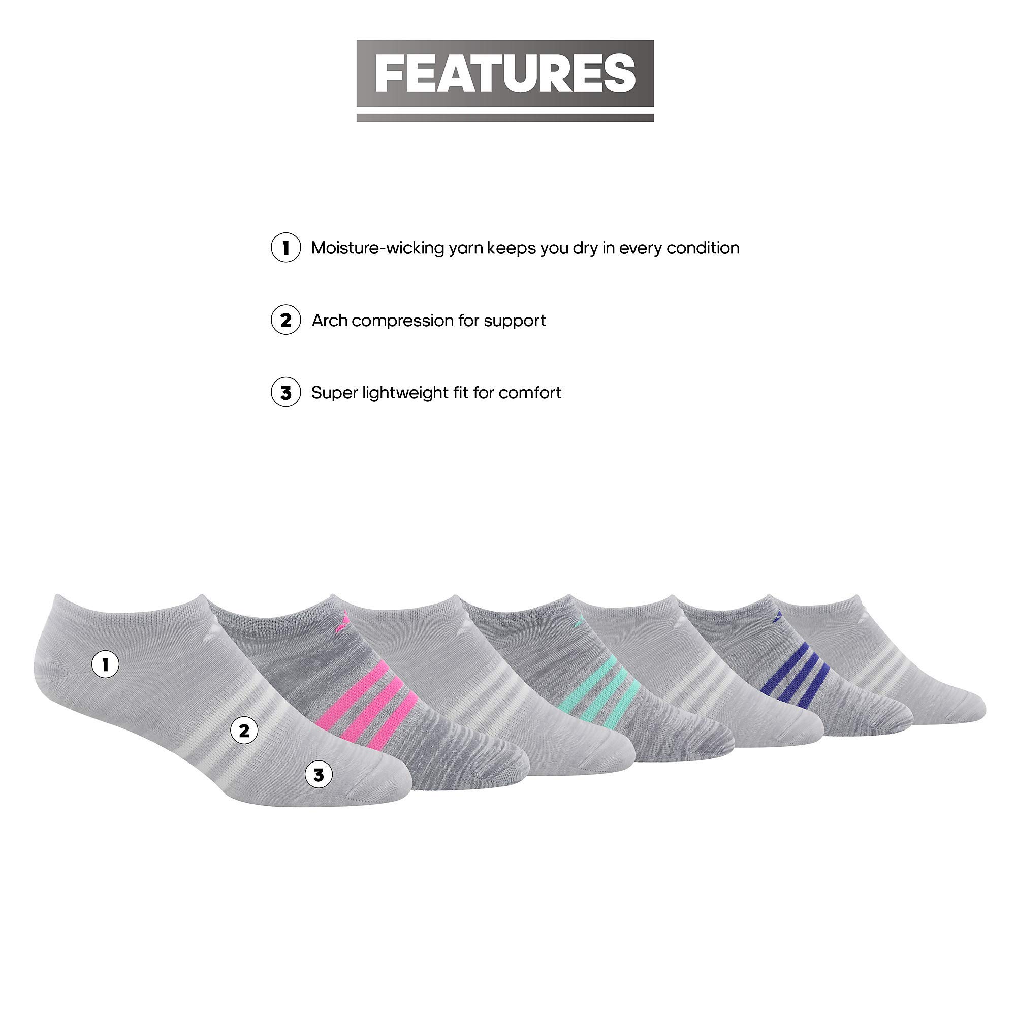 adidas Women's Superlite No Show Socks (6-Pair), Grey/White/Screaming Pink, Medium