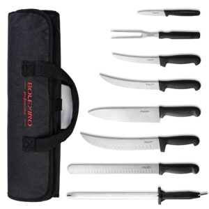 bolexino professional 9 piece bbq knife set,knife roll,outdoor cooking knife set,japanese style premium stainless steel chef knife set,ultimate grilling set with carrying bag