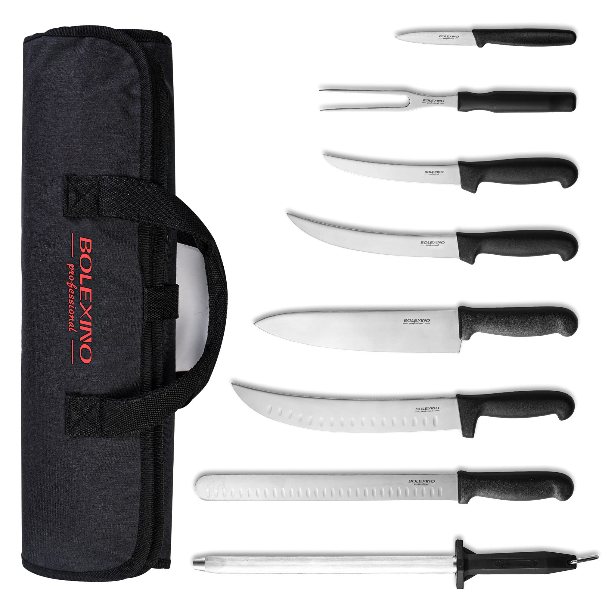 BOLEXINO Professional 9 Piece BBQ Knife Set,Knife Roll,Outdoor Cooking Knife Set,Japanese style Premium stainless Steel Chef Knife Set,Ultimate Grilling Set with Carrying Bag