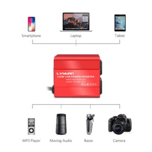 LVYUAN 150W Car Power Inverter 12V to 110V AC Car Charger Adapter with 3.1A Dual USB Car Adapter for Plug Outlet Red