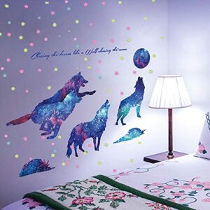 amoda glow in the dark wall stickers pasteable wolf and moon stickers,creative luminous wall and ceiling decal ideal gift for girls boys children