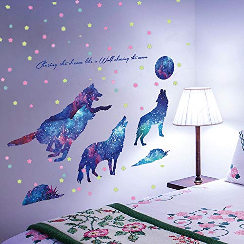 AMODA Glow in The Dark Wall Stickers Pasteable Wolf and Moon Stickers,Creative Luminous Wall and Ceiling Decal Ideal Gift for Girls Boys Children