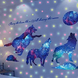 AMODA Glow in The Dark Wall Stickers Pasteable Wolf and Moon Stickers,Creative Luminous Wall and Ceiling Decal Ideal Gift for Girls Boys Children