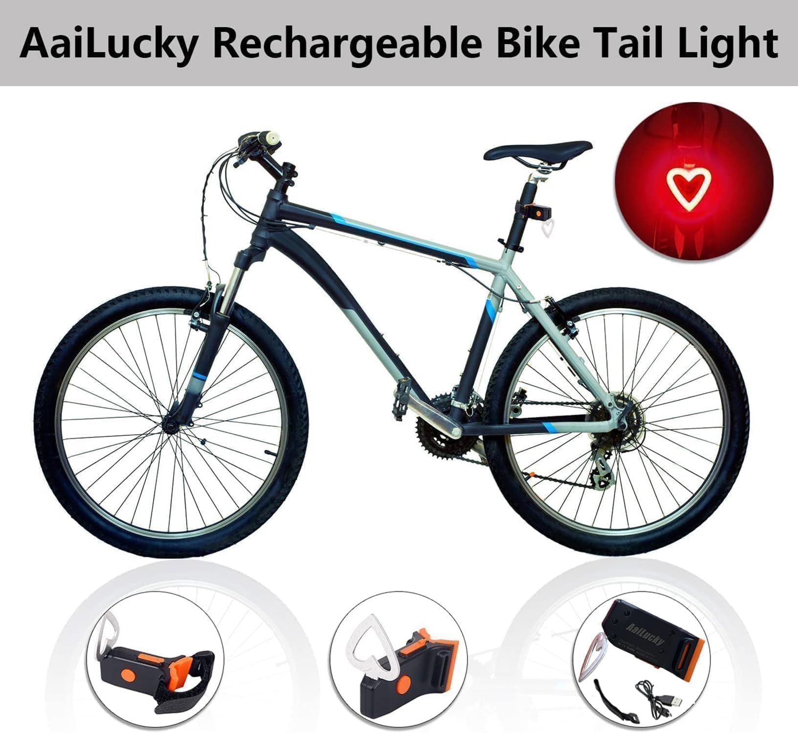 AaiLucky Bike Tail Light, Rechargeable LED Bicycle Rear Light for Night Riding, Cute Bike Accessories, Bright Heart Shape Taillight, Cycling Safety Warning Light for Adult Kids, 5 Modes, Waterproof