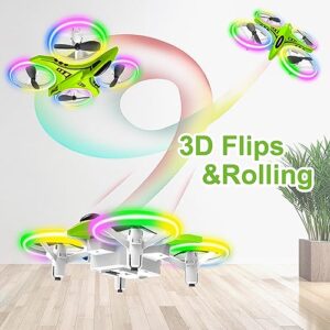 Dwi Dowellin Mini Drone for Kids Crash Proof LED Night Lights One Key Take Off Landing Flips RC Remote Control Small Flying Toys Drones for Beginners Boys and Girls Adults Nano Quadcopter, Green