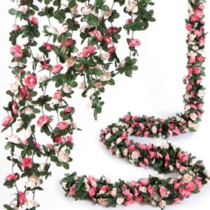 ponking 8 pcs 66ft flower garland, artificial rose vine flowers with green leaves hanging for room, anniversary wedding birthday christmas wall arch decor, spring pink flower