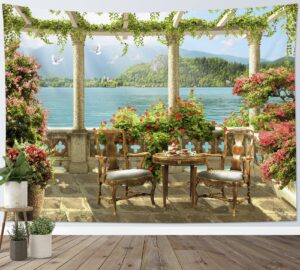 lb realistic european palace garden tapestry wall hanging balcony lake mountain scene tapestries poster art bedspread home room decor, 92x 70.5 inches