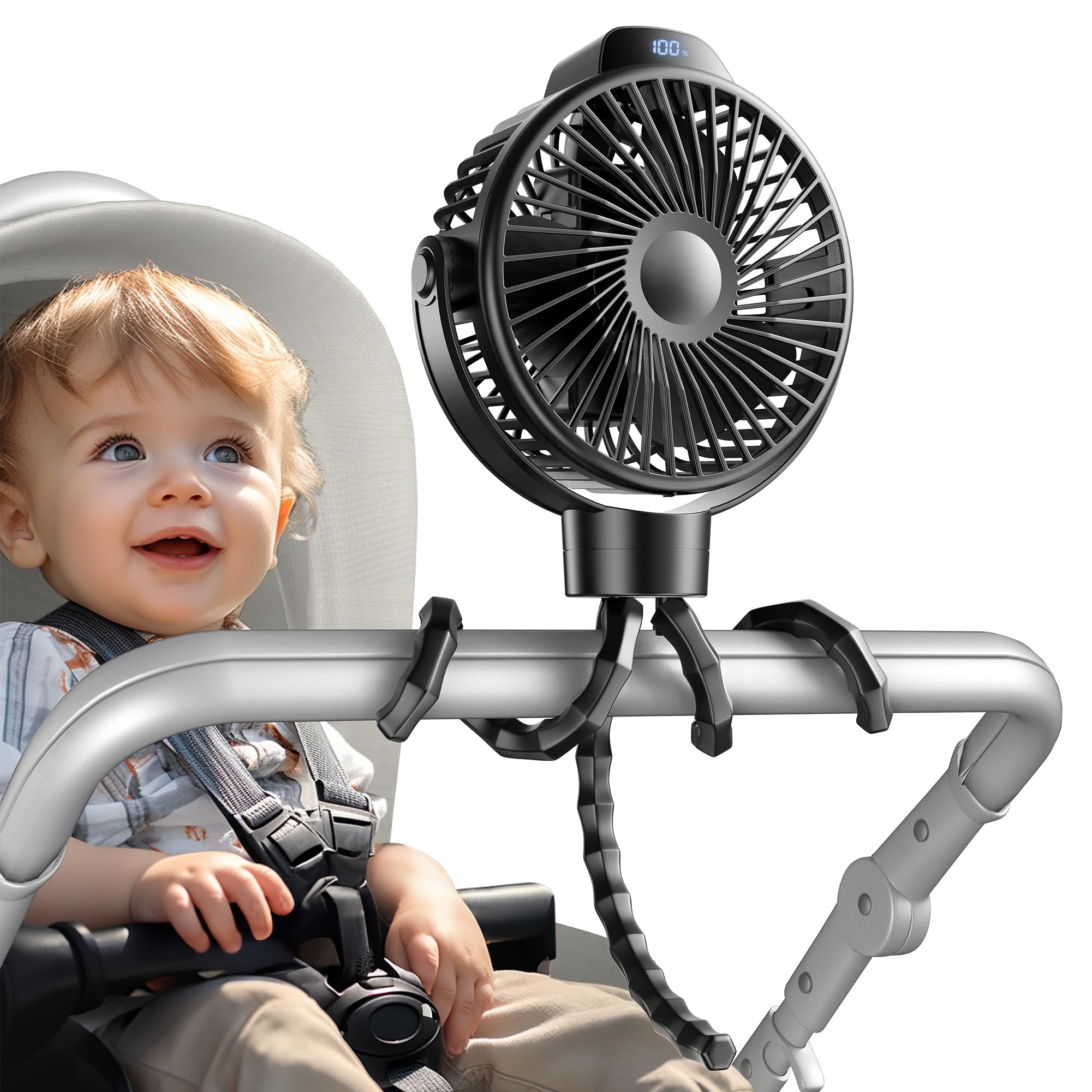Koonie Astronaut Baby Fan for Stroller, Car Seat Cooling Fan Clip-on with Flexible Tripod, Rechargeable Battery Operated Mini Fan,3 Speeds Strong Airflow (blue)
