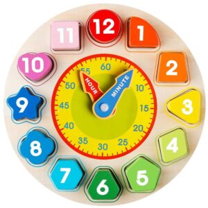 skrtuan wooden shape color sorting clock- teaching time number blocks clock shape sorting puzzle montessori early learning educational toy gift for 1 2 3 year old toddler baby kids